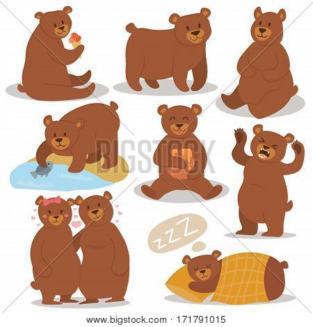 Cartoon bear character different pose vector set cute illustration