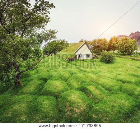 A small wooden church and cemetery Hofskirkja Hof, Skaftafell Iceland.