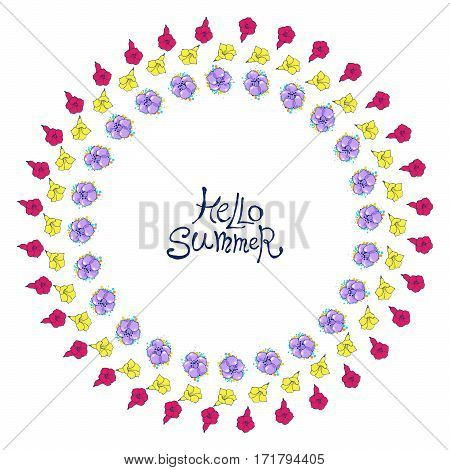 Vector Floral frame with colorful exotic flowers. Nature circle hand drawn border on white background. Good for greeting cards and invitations.