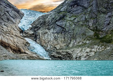 Glacier Briksdal in national park, Norway. Lake