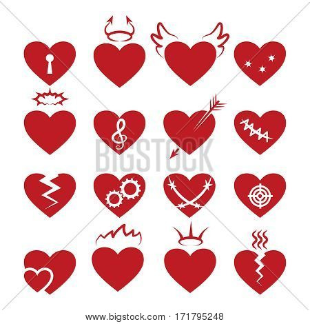 Simple abstract heart shapes icons. Vector burned and broken, pierced by arrow, and with keyhole hearts signs. Set of red hearts illustration
