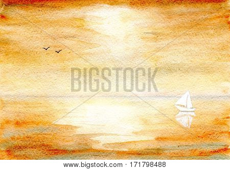 Seascape in color ocher, yacht and birds on the horizon, hand-painted watercolor illustration and paper texture