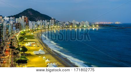 The Costa Beach in Vila Velha during the blue hour , Espirito Santo , Brazil.