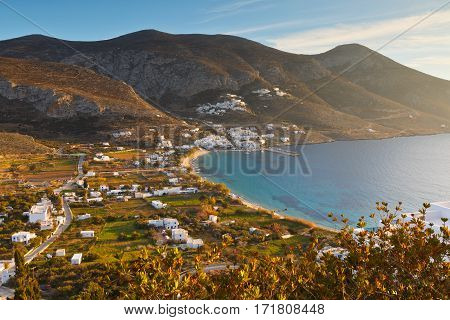 View of the Aegiali village across a valley.
