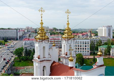 Summer top view of Lenin Street and Holy Resurrection Church Vitebsk Belarus