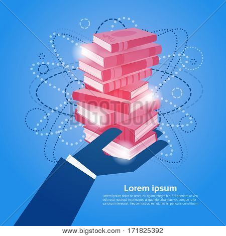 Hand Hold Books Stack School Education Concept Flat Vector Illustration