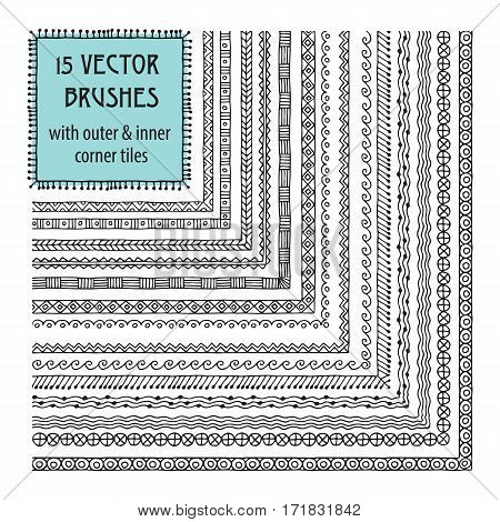 Vector Decorative Scribble Paintbrushes with Inner and Outer Corners. Hand Drawn Ink Brushes. Seamless Whimsical Borders for Patterned Frames.