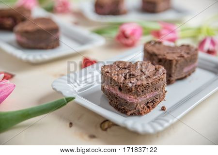 Heart Shaped chocolate Brownie on a plate