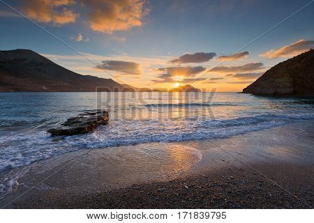 Sunset at Aegiali beach on Amorgos island.