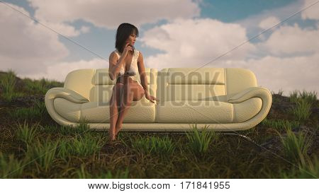 3d illustration of the brunette sinnting ohn white leather sofa