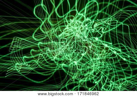 Black background with light design. Playing with green and blue colour. the drawing looks like net, cobweb, tangled snarled thread, strand, silk, fibre or everything. It is about imagination. Nice texture and background.
