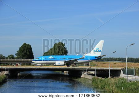 Amsterdam the Netherlands - June 9th 2016:PH-BGR KLM Royal Dutch Airlines Boeing 737 taxiing to Polderbaan runway Schiphol destination Paris France