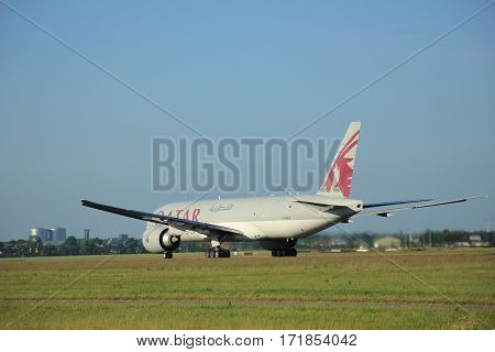 Amsterdam the Netherlands - June 9th 2016: A7-BFC Qatar Airways Cargo Boeing 777-FDZ takeoff from Polderbaan runway destination Doha Qatar