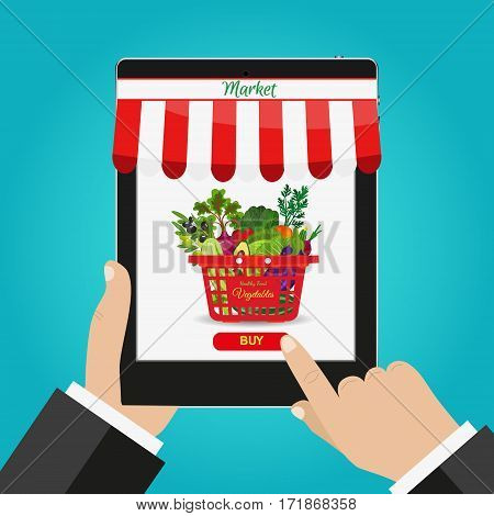 Online food shopping, smartphone beside food basket Healthy vegetables and vegetarian food banners. Fresh organic food, healthy eating. Supermarket basket full of fresh products.