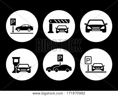 six black isolated parking round icons set