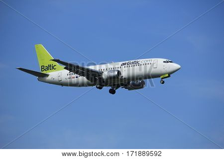 Amsterdam the Netherlands - July 21st 2016: PH-BGO KLM Royal Dutch AirliYL-BBS Air Baltic Boeing 737 approaching Polderbaan runway at Schiphol Amsterdam Airport arriving from Riga Latvia