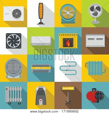 Heating cooling air icons set. Flat illustration of 16 heating cooling air vector icons for web