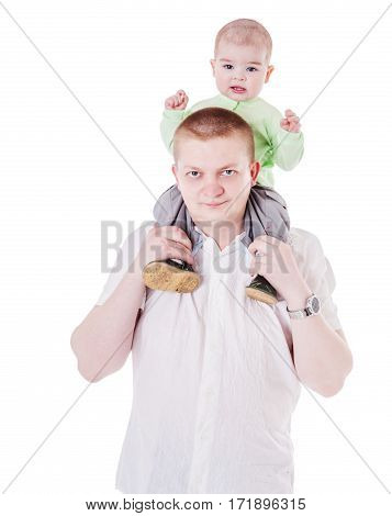 Happy Father holding son on neck isolated on white