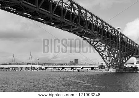 Black and White Minato Bridge in sea port Osaka Japan