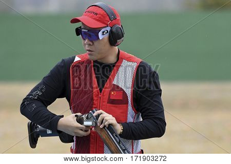 Rio Brazil - august 10 2016: Qiang Pan (CHN) during Double Trap Men at Olympic Games 2016 in Olympic Shooting Centre Deodoro