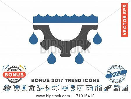 Cobalt And Gray Water Gear Drops pictograph with bonus 2017 trend design elements. Vector illustration style is flat iconic bicolor symbols white background.