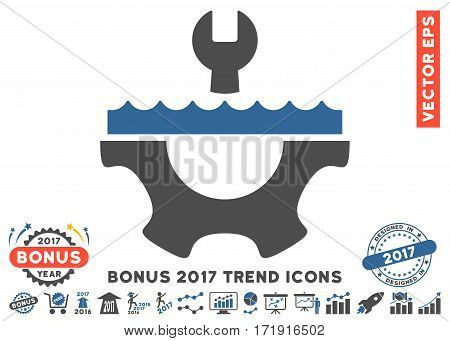 Cobalt And Gray Water Service Gear pictograph with bonus 2017 year trend elements. Vector illustration style is flat iconic bicolor symbols white background.
