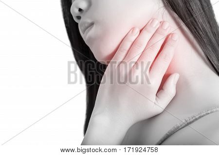 Acute Pain And Sore Throat Symptom In A Woman Isolated On White Background. Clipping Path On White B