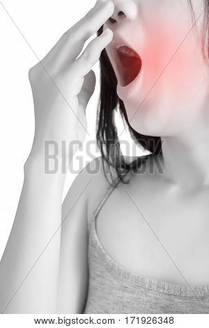 Acute Pain And Sore Throat Symptom In A Woman Isolated On White Background. Clipping Path On White B