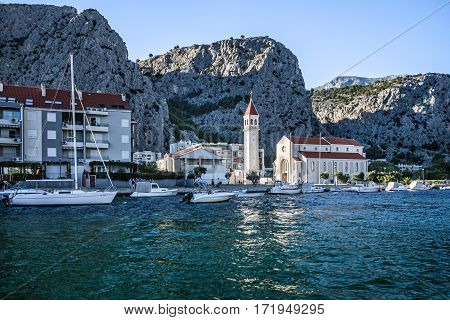 Omis, Croatia - May 3, 2016: Omis resort seafront view.