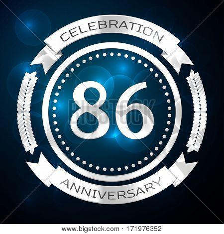 Eighty six years anniversary celebration with silver ring and ribbon on blue background. Vector illustration