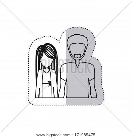 sticker monochrome contour half body with man with beard and woman with long hair vector illustration