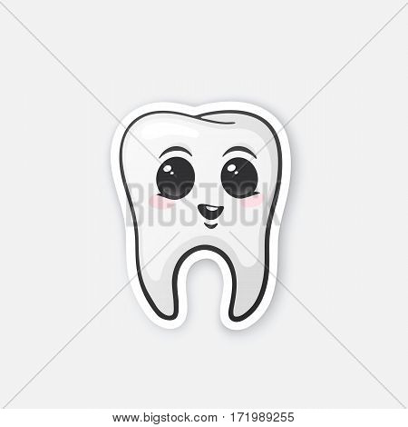 Vector illustration. Happy tooth with eyes and blusher. Oral hygiene. Cartoon sticker in comics style with contour. Decoration for greeting cards, posters, patches, prints for clothes, emblems