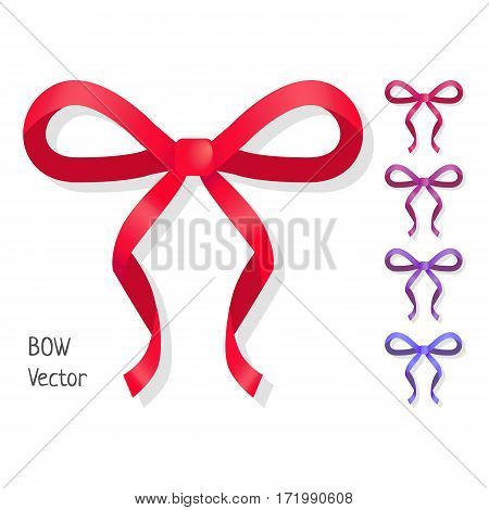 Vector bow set isolated on white. Different colors of present bows. Pussy bright bow knots. Ribbons in flat design. Overwhelming bow decorative elements. Vector cartoon illustration of classical bows