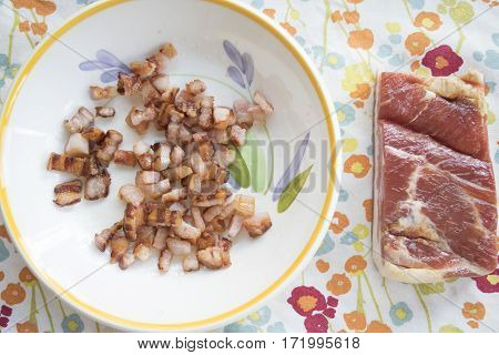 browned chopped bacon served stir fried at breakfast