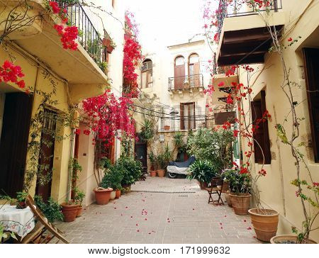 door architecture detail in house building with bougainvillea Greece