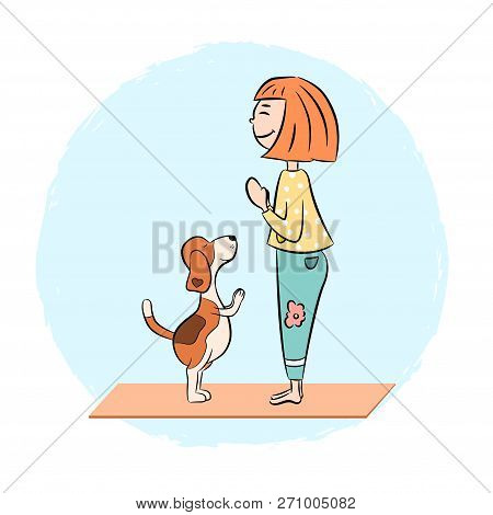 Cartoon Funny Dog Beagle With Girl Doing Yoga Pose. Surya Namaskara. San Salutation