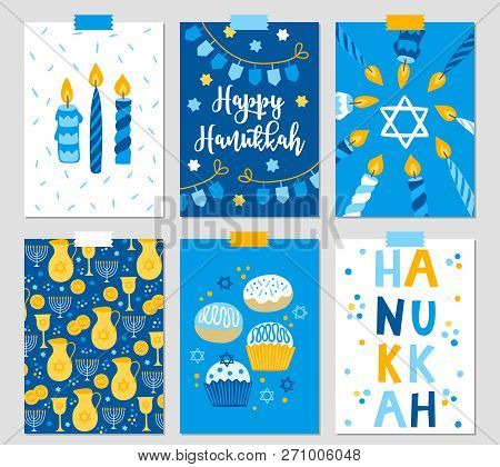 Set Of Six Hanukkah Greeting Cards With Candles, Dreidel, Garland, Jewish Star, Oil, Menorah, Donut,