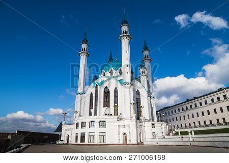 Kazan, Russia - October 17, 2018: Minarets Of The Mosque Against The Blue Sky