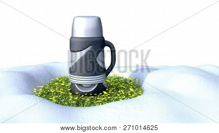 Concept Of Warm Mugs Thermomug Standing On The Grass To Melt The Snow 3d Render On White