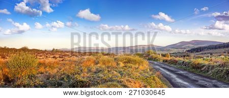 Panoramic Landscape With Road  On A Sunny Day In County Cork. Ireland.