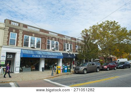 Wellesley, Ma, Usa - Oct. 20, 2016: Wellesley Town Center Historic Commercial Buildings On Central S