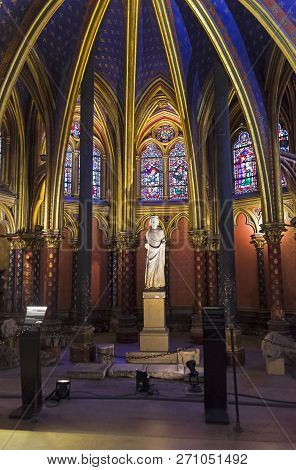 Paris, France - August 31, 2018: Sainte-chapelle - The Interior Of The Lower Chapel. Statue Of Louis