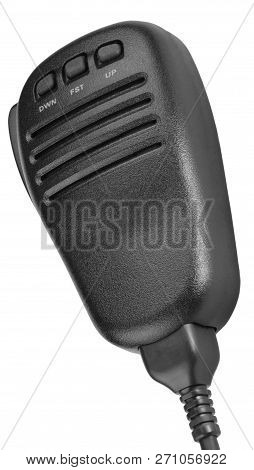 Black Handheld Dynamic Microphone For Radiocommunication At Dry Sunny Summer Day