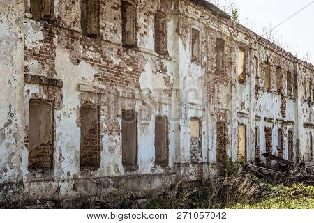 Old Abandoned Dilapidated Residential Building With Brick Walls