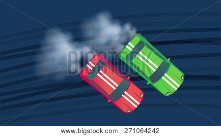 Sport Car Drifting On Race Track. Motorsport Competition. Top View Vector Illustration.