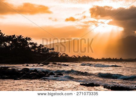 Amazing Rare Photo Of Tropical Island Paradise Of Maui Hawaii At Sunset With Beautiful Ocean Scene O
