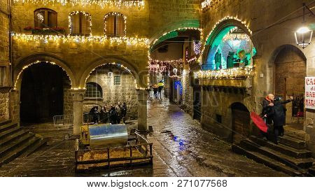 Viterbo, Italy - November 25, 2018: View Of Medieval Center Of Viterbo At Christmas Time With Decora
