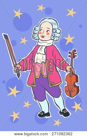 Baby Violinist Musician Little Mozart. Comic Cartoon Pop Art Retro Vector Illustration Drawing