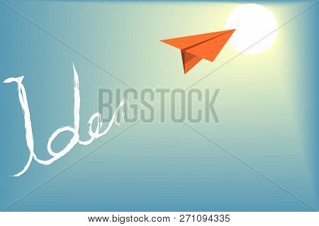 Air Plane Flying Go To Success With Idea And Innovation,text Idea In Be Hide,  Sunset Blue Sky Backg