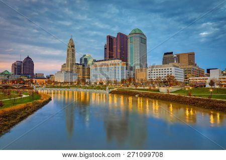Columbus, Ohio along the Scioto River at sunset.  This is the most popular skyline view of this capital city.